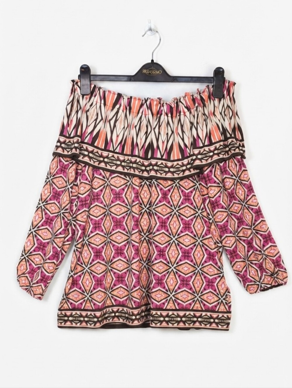 Chicos Geometric Off The Shoulder Ruffle Blouse Top Sz 3 / XL 16 18 Orange Pink